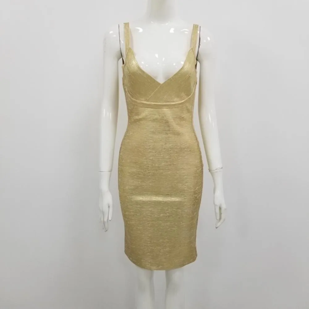 Gold Foiling Print Spaghetti Straps Rayon Bandage Dress