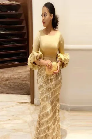 Gold Lantern Sleeve Tassel Accented Evening Dress