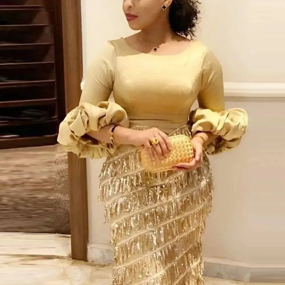 Gold Lantern Sleeve Tassel Accented Evening Dress