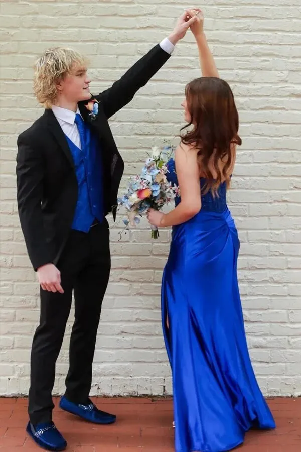 Green Satin Ruched Sheath Sweetheart Long Prom Dresses With Slit, SLP033
