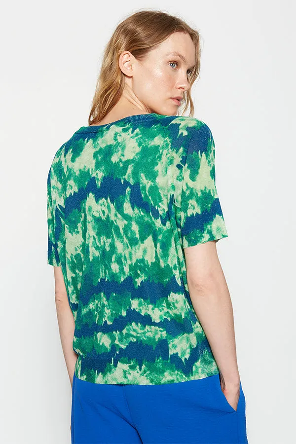 GREEN TIE-DYE PRINT SHORT SLEEVE SWEATER