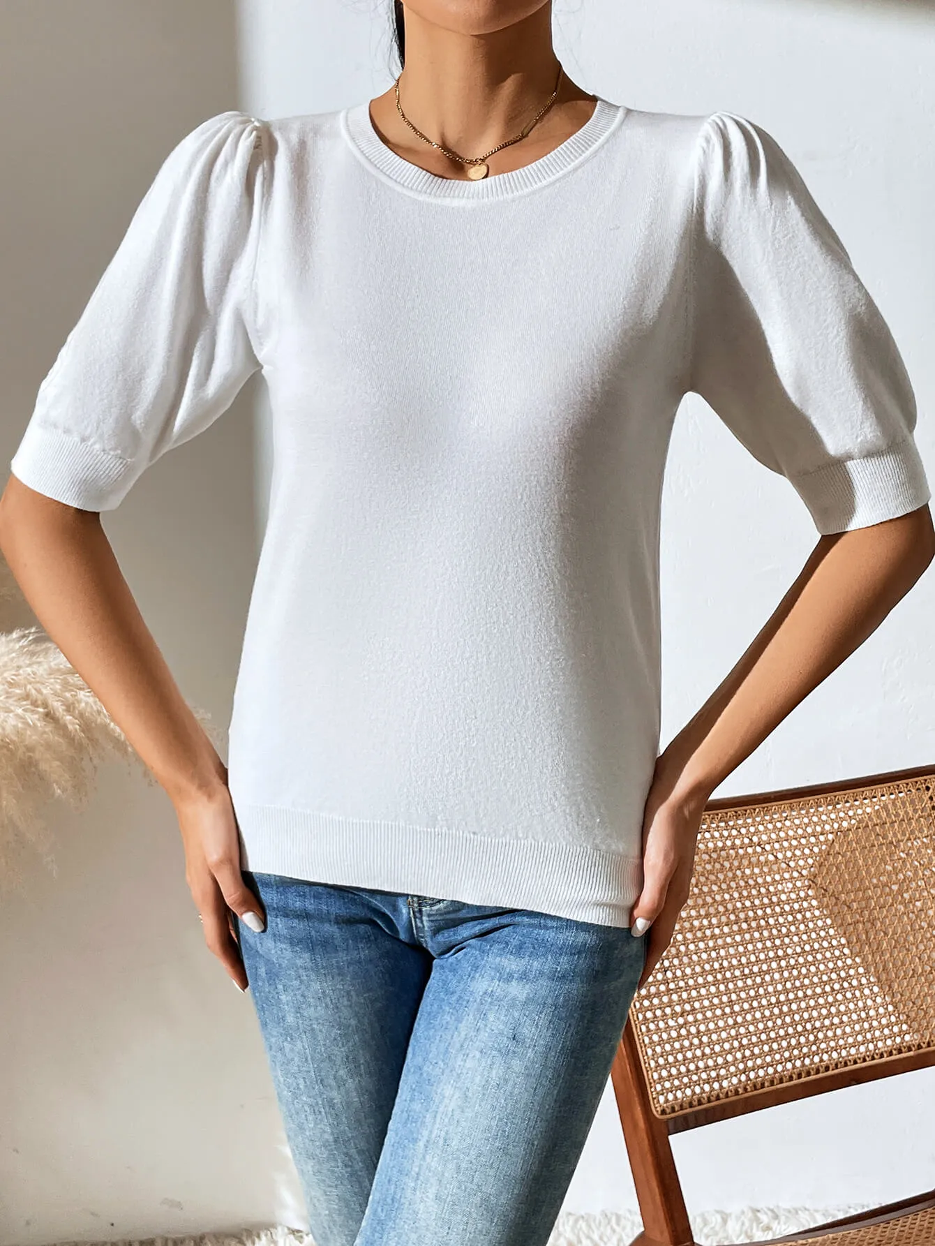 Halo Short Sleeve Cotton Blend Knit Top - Cream