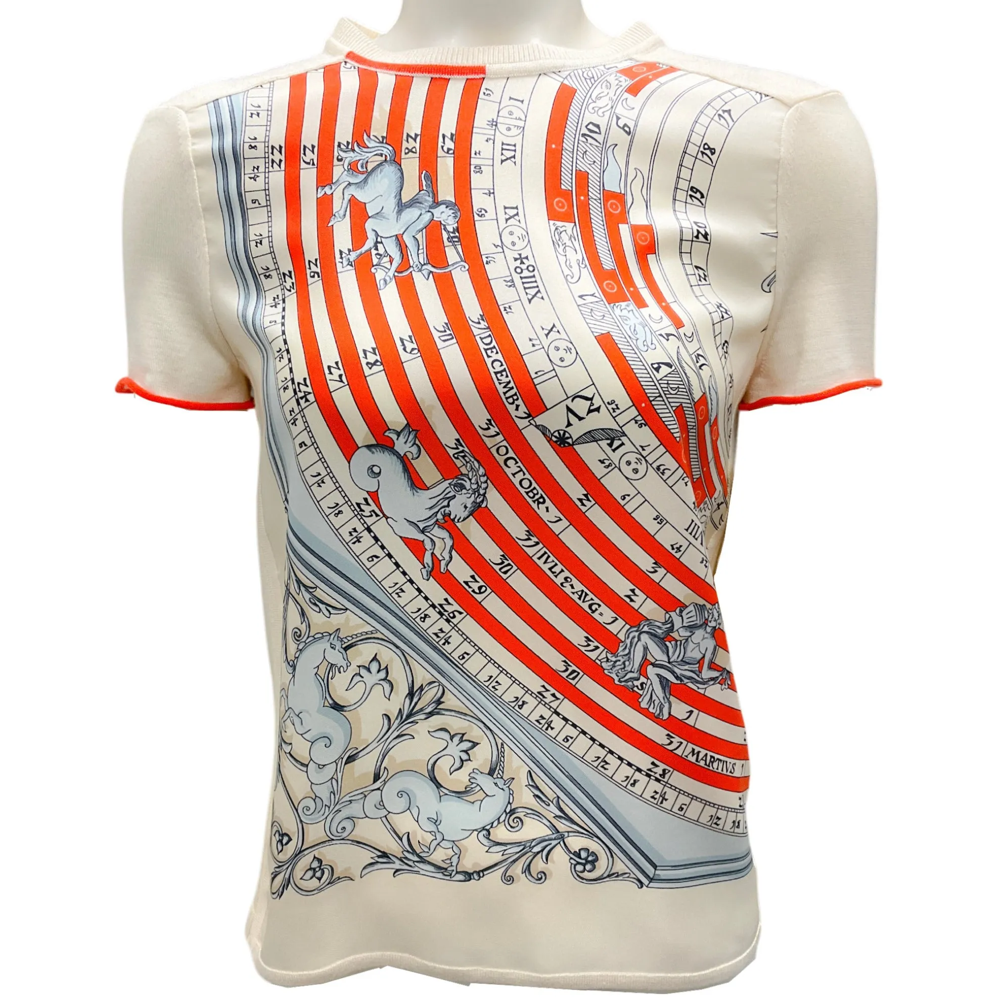 Hermes Ivory / Orange Scarf Print Short Sleeved Knit Sweater