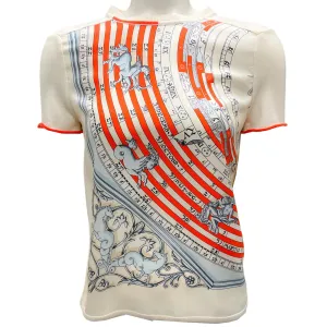 Hermes Ivory / Orange Scarf Print Short Sleeved Knit Sweater