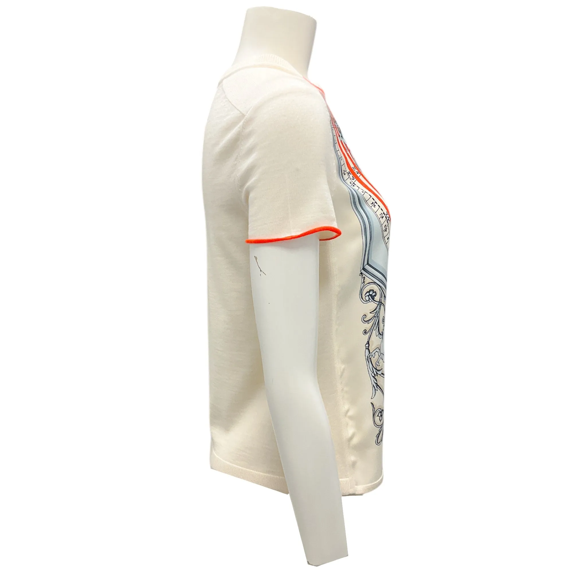 Hermes Ivory / Orange Scarf Print Short Sleeved Knit Sweater