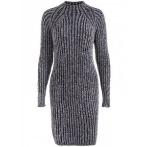High Neck Long Sleeve Ribbed Fitted Jumper Dress - Black Grey One Size