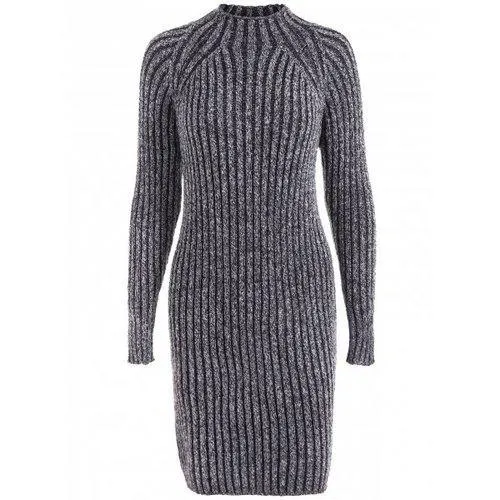 High Neck Long Sleeve Ribbed Fitted Jumper Dress - Black Grey One Size