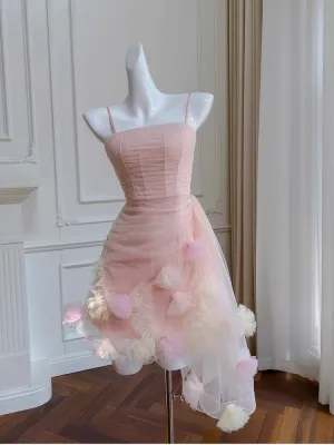 JazzHer Cute Sheath Spaghetti Straps Pink Short Tulle Homecoming Dresses Cocktail Dress (PRE-ORDER)