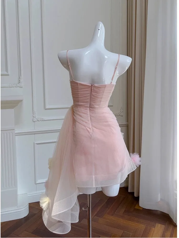 JazzHer Cute Sheath Spaghetti Straps Pink Short Tulle Homecoming Dresses Cocktail Dress (PRE-ORDER)
