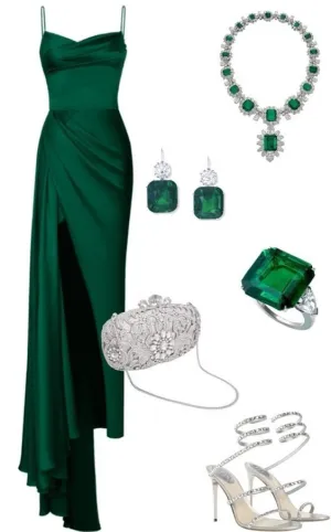 JazzHer Elegant Sheath Spaghetti Straps Green Slit Long Prom Dresses Evening Dress (PRE-ORDER)