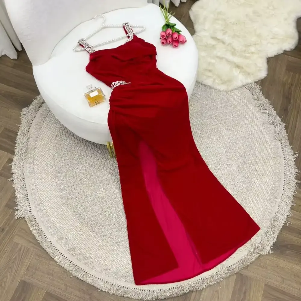 JazzHer Elegant Sheath Straps Burgundy Satin Silver Beads Slit Long Prom Dresses Formal Dress (PRE-ORDER)