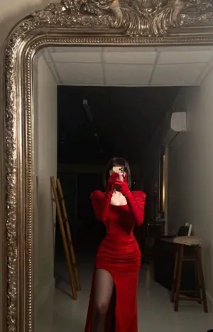 JazzHer New Sheath Square Neckline Long Sleeves Red Split Evening Dress Prom Dresses (PRE-ORDER)