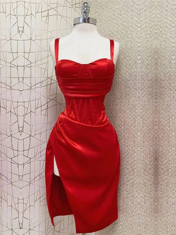 JazzHer Sexy Sheath Straps Red Knee Length Slit Homecoming Dresses Cocktail Dress (PRE-ORDER)