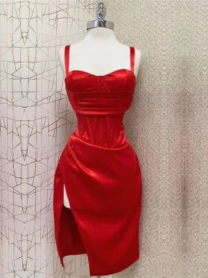 JazzHer Sexy Sheath Straps Red Knee Length Slit Homecoming Dresses Cocktail Dress (PRE-ORDER)