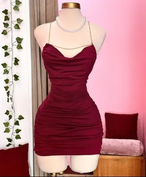 JazzHer Simple Sheath Spaghetti Straps Burgundy Homecoming Dresses Short Cocktail Dress With Ruffles (PRE-ORDER)