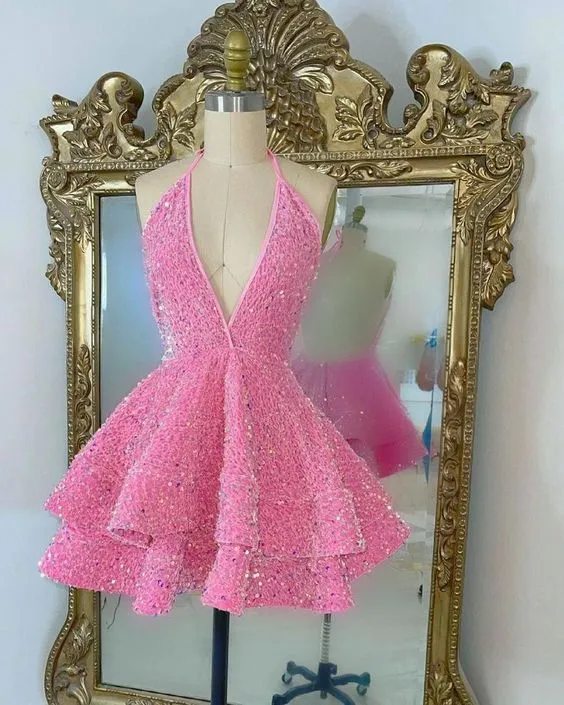 JazzHer Sparkly Prom Dresses Short Sequin Halter Tiered Glitter Homecoming Dresses (PRE-ORDER)
