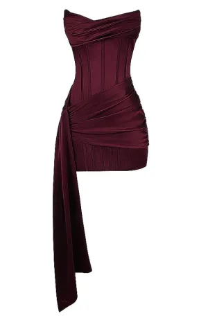 JazzHer Strapless Draped Corset Dress Burgundy Homecoming Dresses Party Dress (PRE-ORDER)