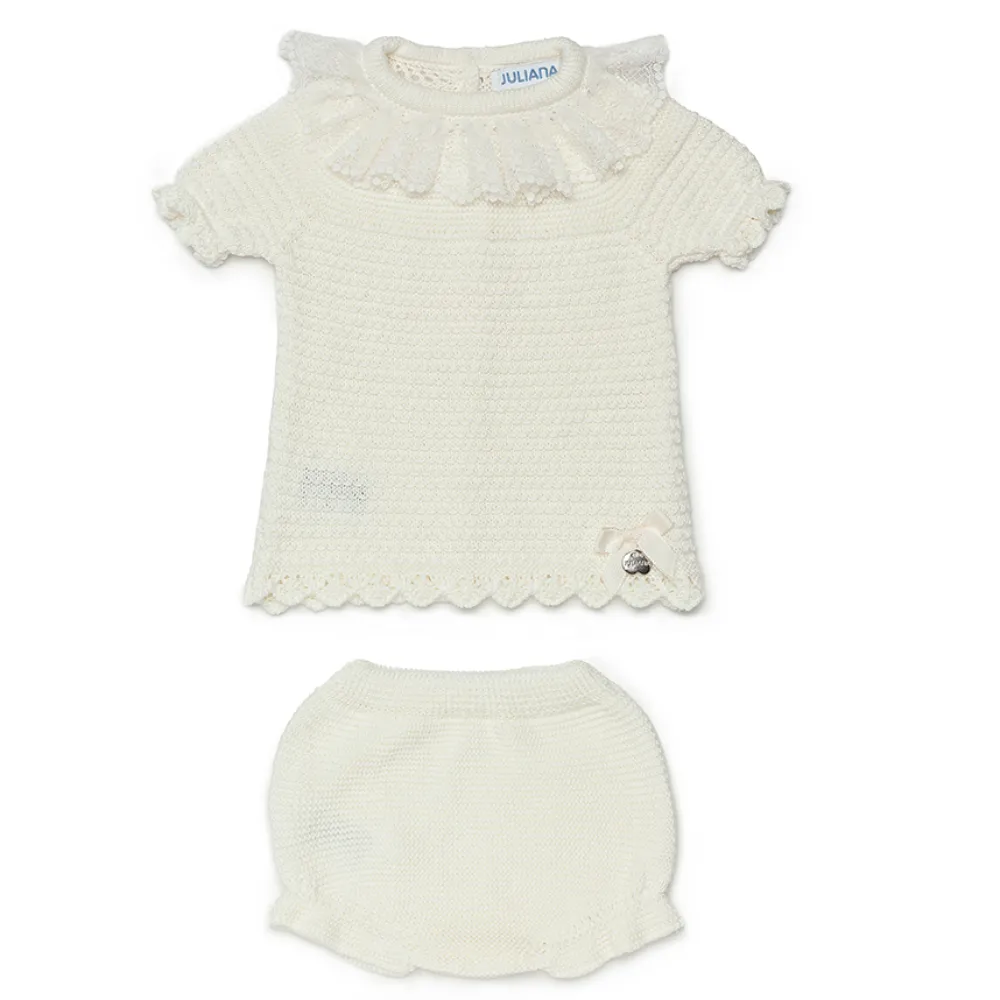 Juliana Girls Cream Knitted Short Sleeved Jam Pant Set