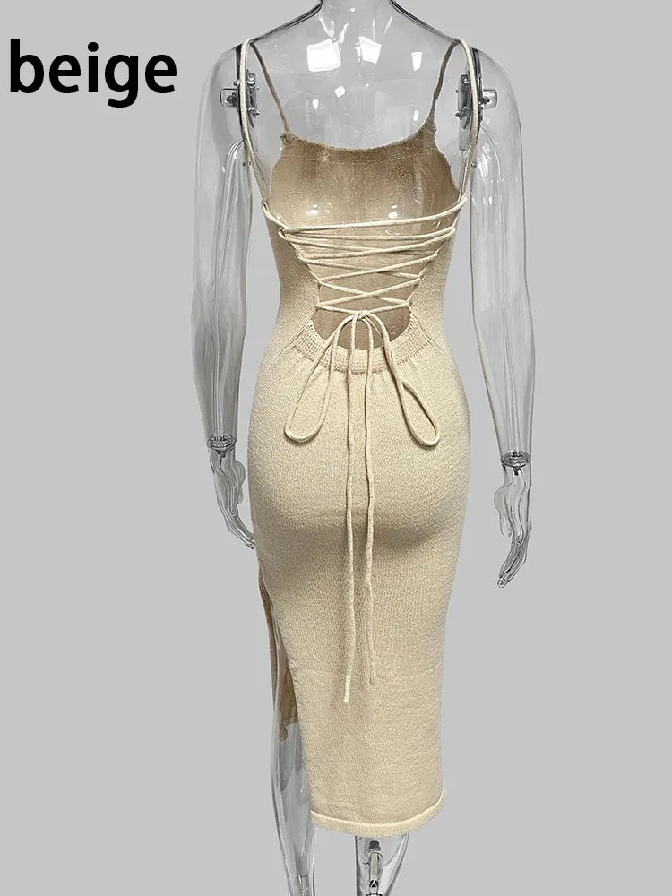 Knitted Midi Sleeveless Backless Long Dress