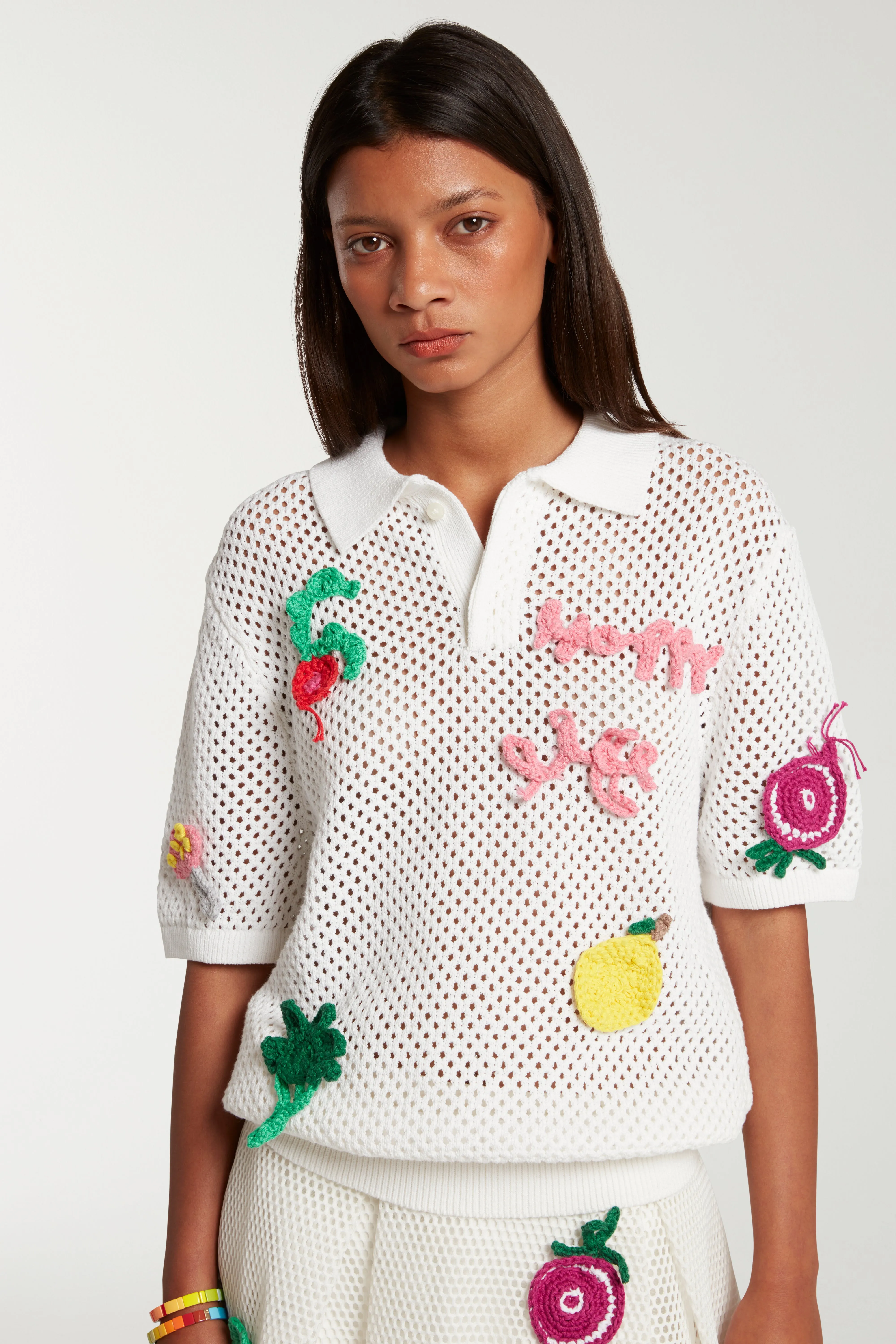 Knitted Polo Top With Crochet Patches
