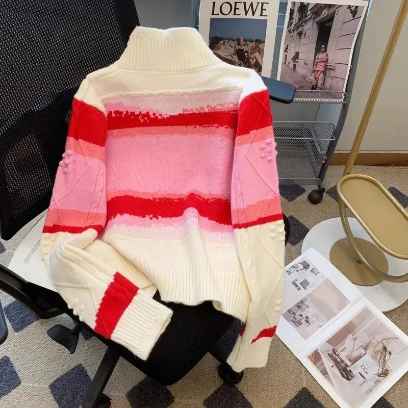 Lazy Style Patchwork Color Design Knitwear Pink Cardigan