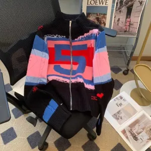 Lazy Style Patchwork Color Design Knitwear Pink Cardigan