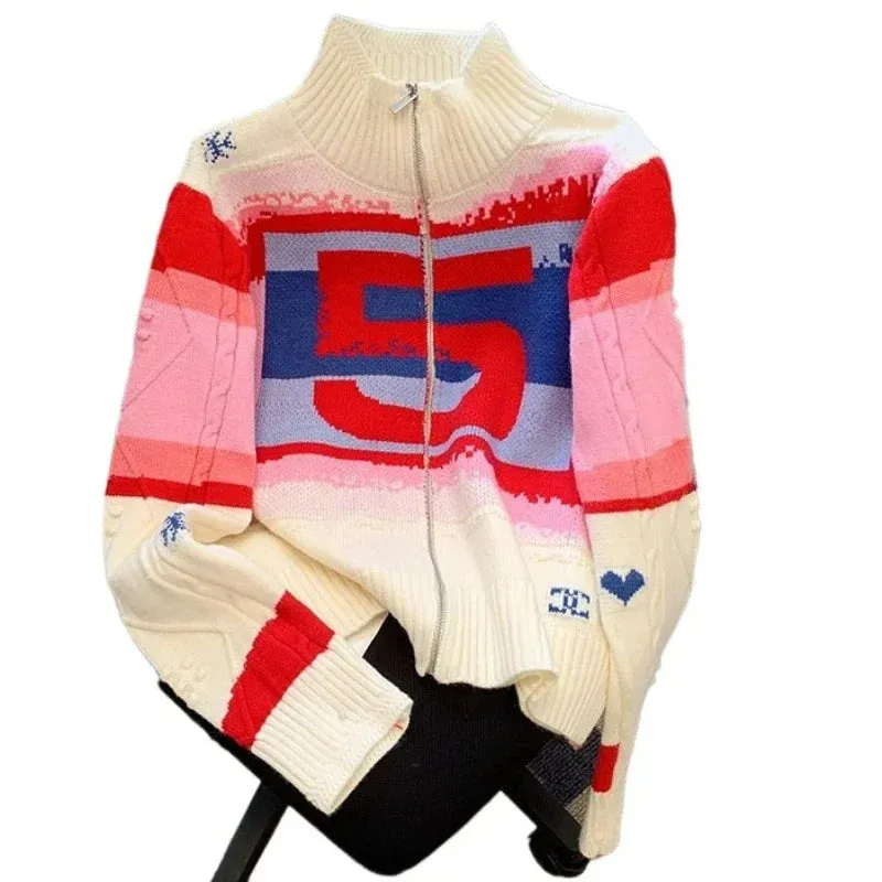 Lazy Style Patchwork Color Design Knitwear Pink Cardigan