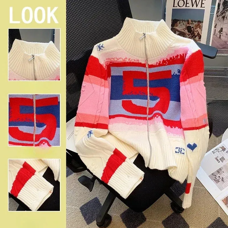 Lazy Style Patchwork Color Design Knitwear Pink Cardigan