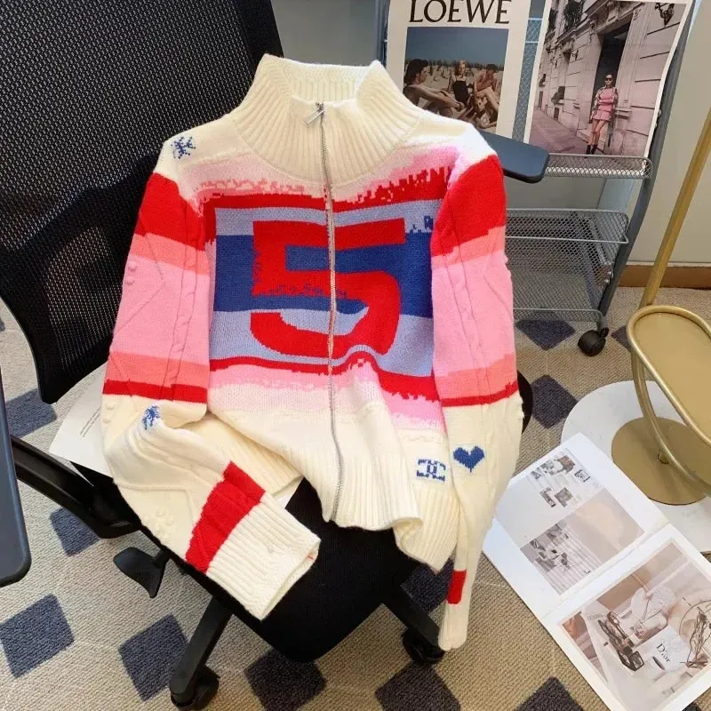 Lazy Style Patchwork Color Design Knitwear Pink Cardigan
