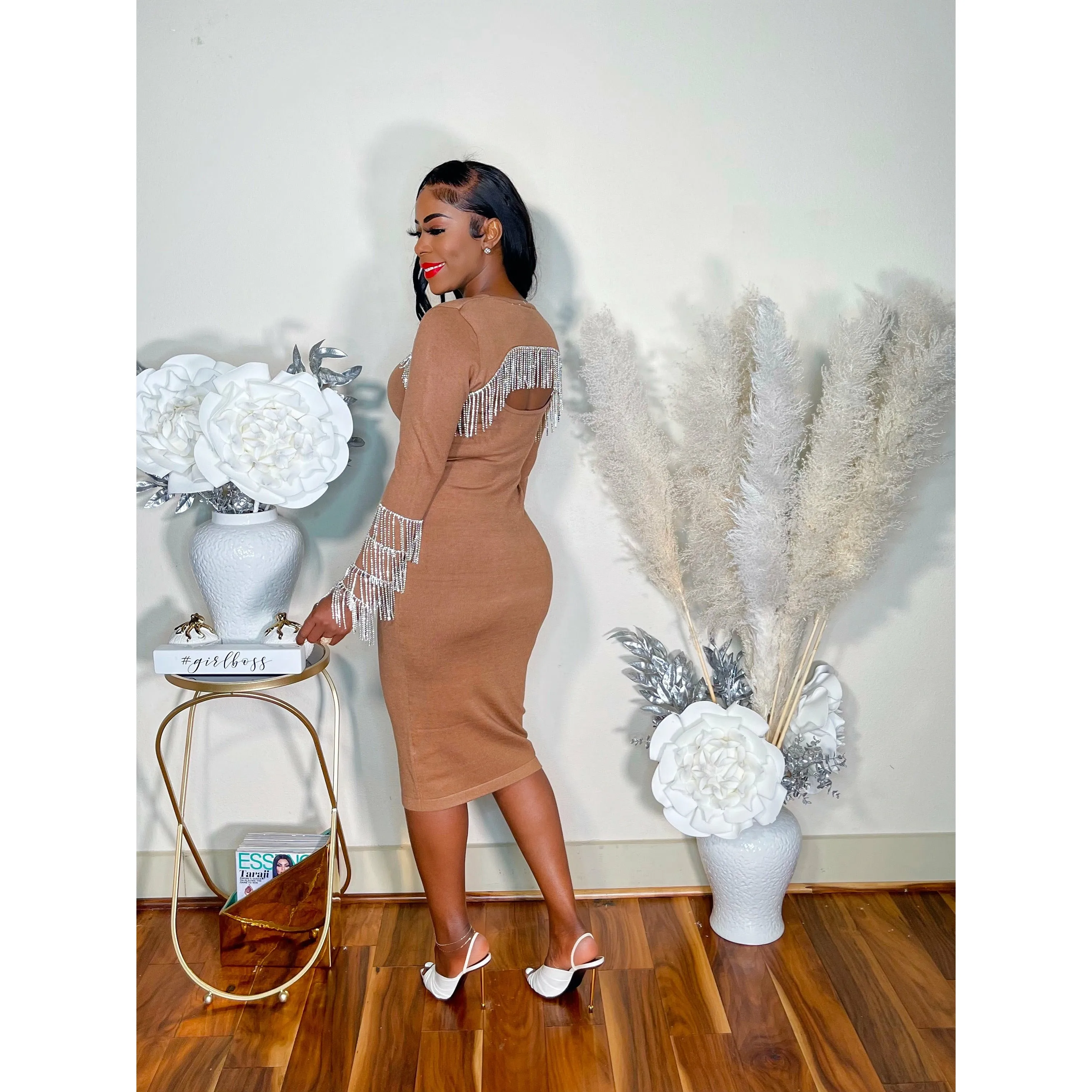 LET'S CELEBRATE RHINESTONE FRINGE DRESS (BROWN)