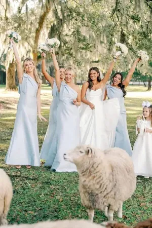 Light Blue Satin Sheath One Shoulder Floor Length Bridesmaid Dresses, MBD271