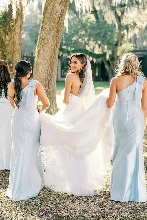 Light Blue Satin Sheath One Shoulder Floor Length Bridesmaid Dresses, MBD271