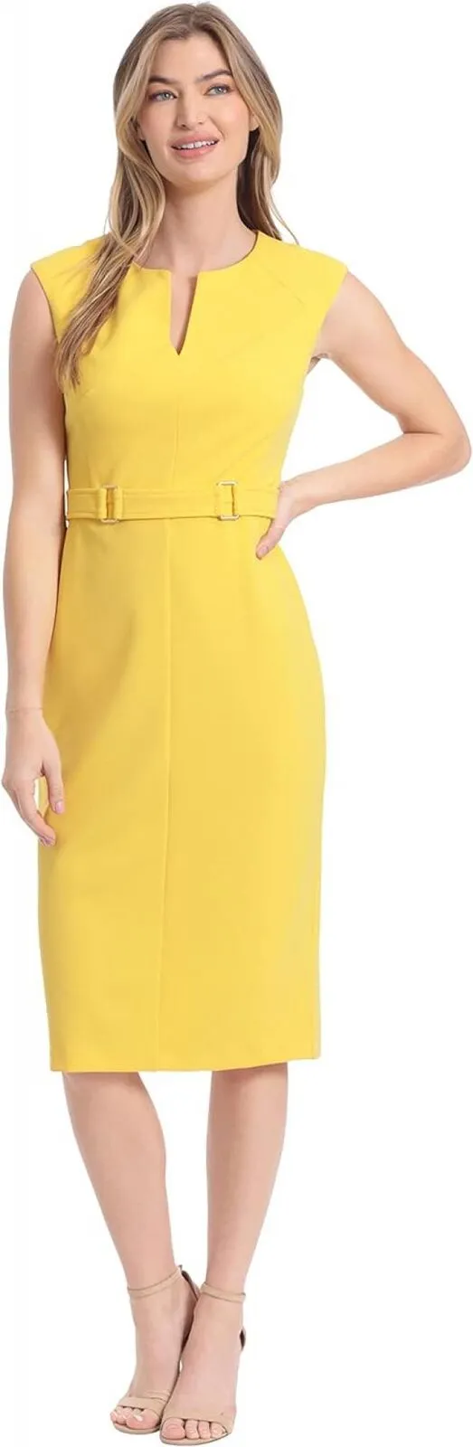 London Times Women's Extended Shoulder Buckle Waist Sheath Midi Dress Lemon 4