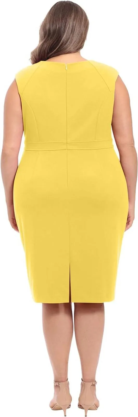 London Times Women's Extended Shoulder Buckle Waist Sheath Midi Dress Lemon 4