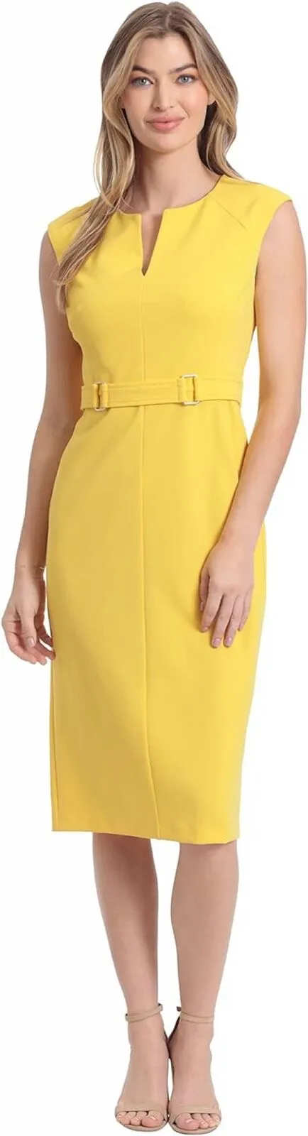 London Times Women's Extended Shoulder Buckle Waist Sheath Midi Dress Lemon 4