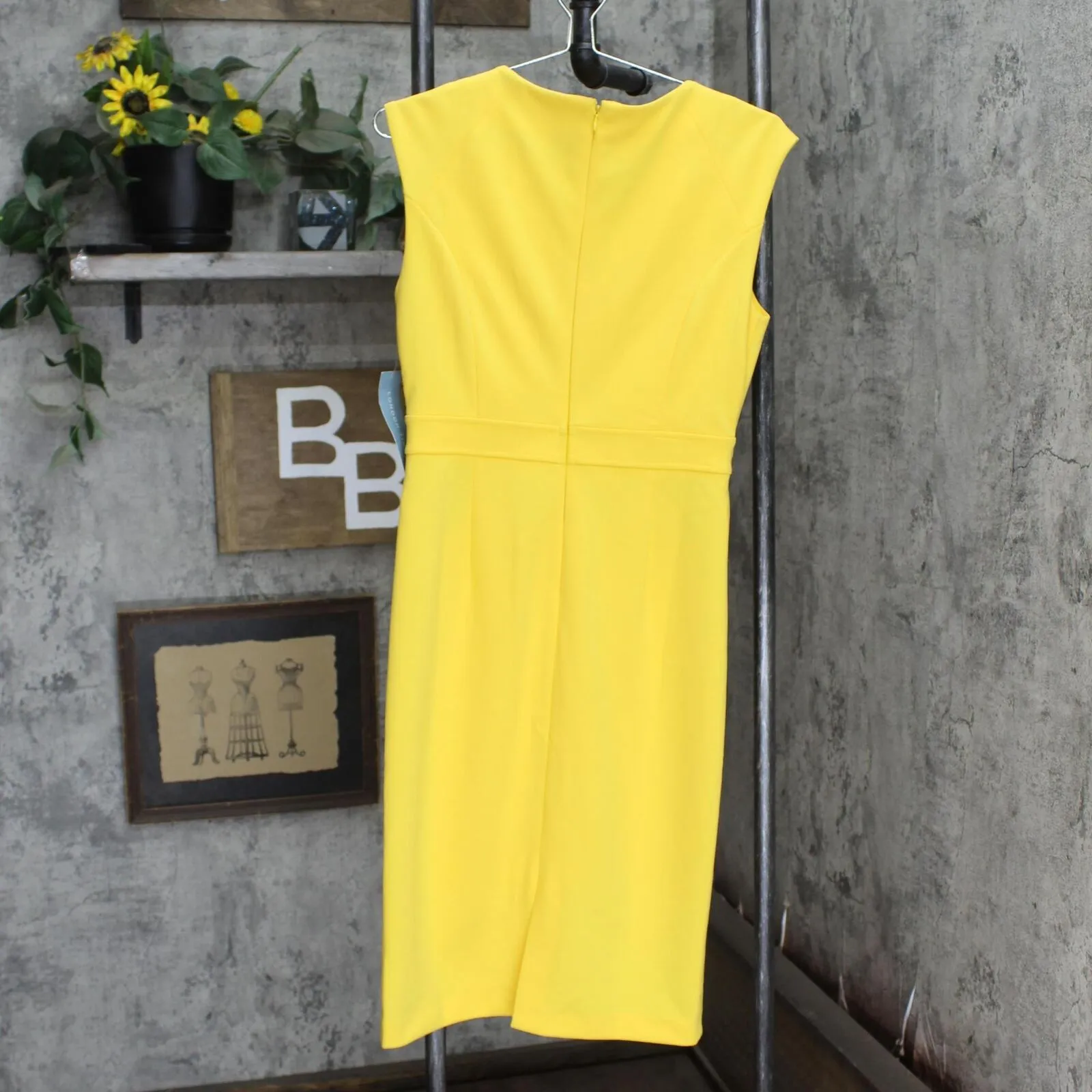 London Times Women's Extended Shoulder Buckle Waist Sheath Midi Dress Lemon 4