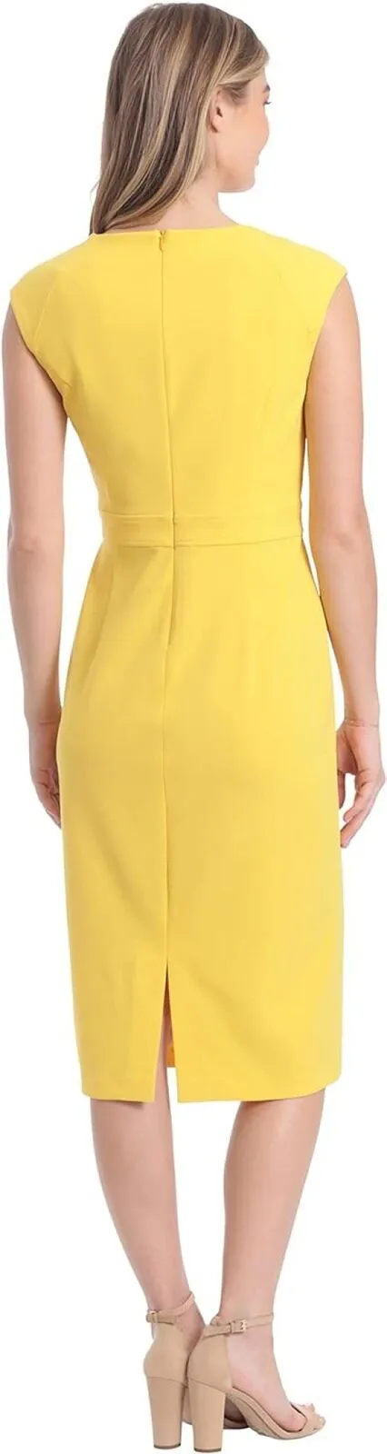 London Times Women's Extended Shoulder Buckle Waist Sheath Midi Dress Lemon 4