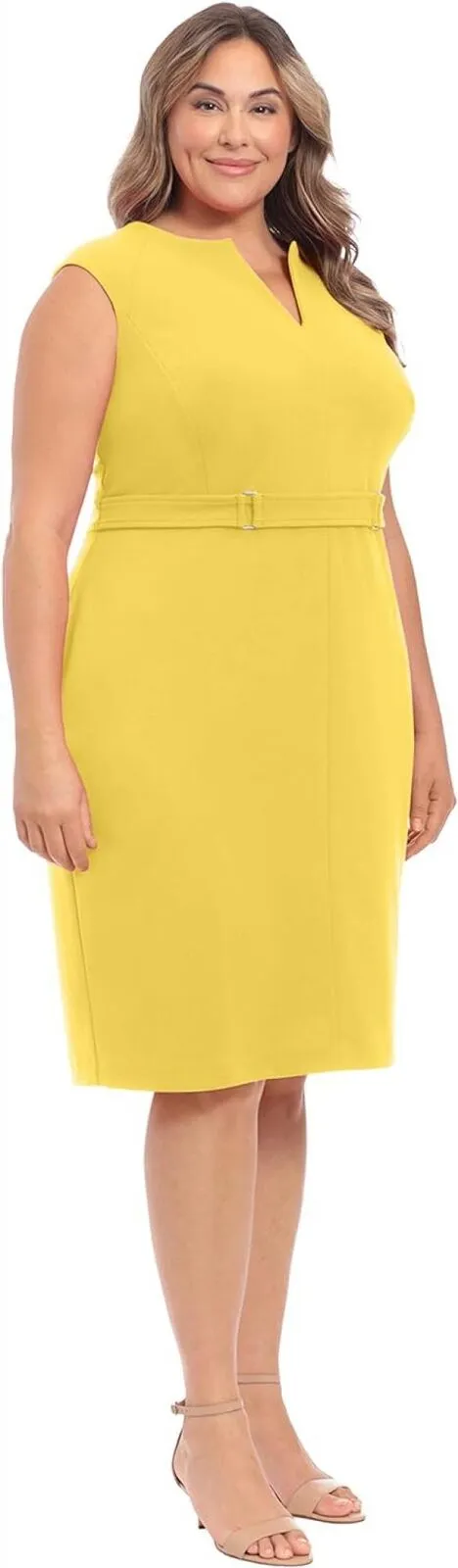London Times Women's Extended Shoulder Buckle Waist Sheath Midi Dress Lemon 4