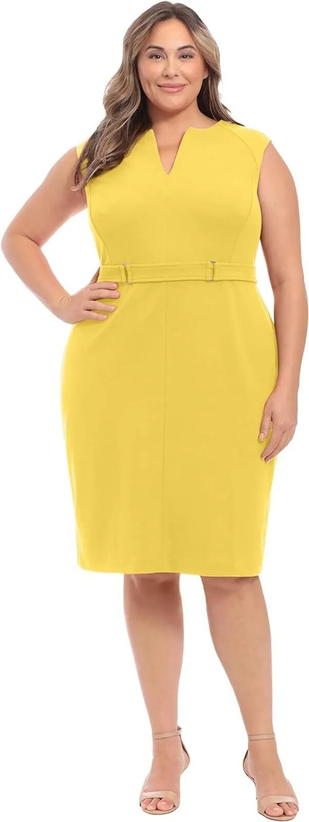 London Times Women's Extended Shoulder Buckle Waist Sheath Midi Dress Lemon 4