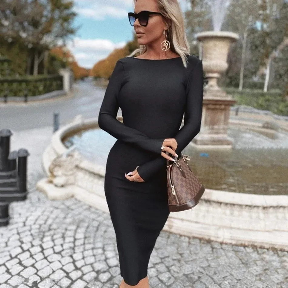 Long Sleeve Bandage Hollow Out Backless Club Dress