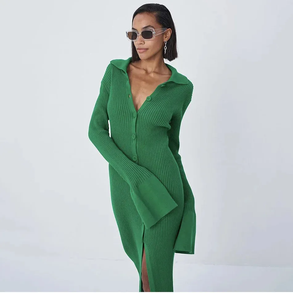 Long Sleeve Bodycon Knitted Maxi Sweater Lady Elegant Long Dress