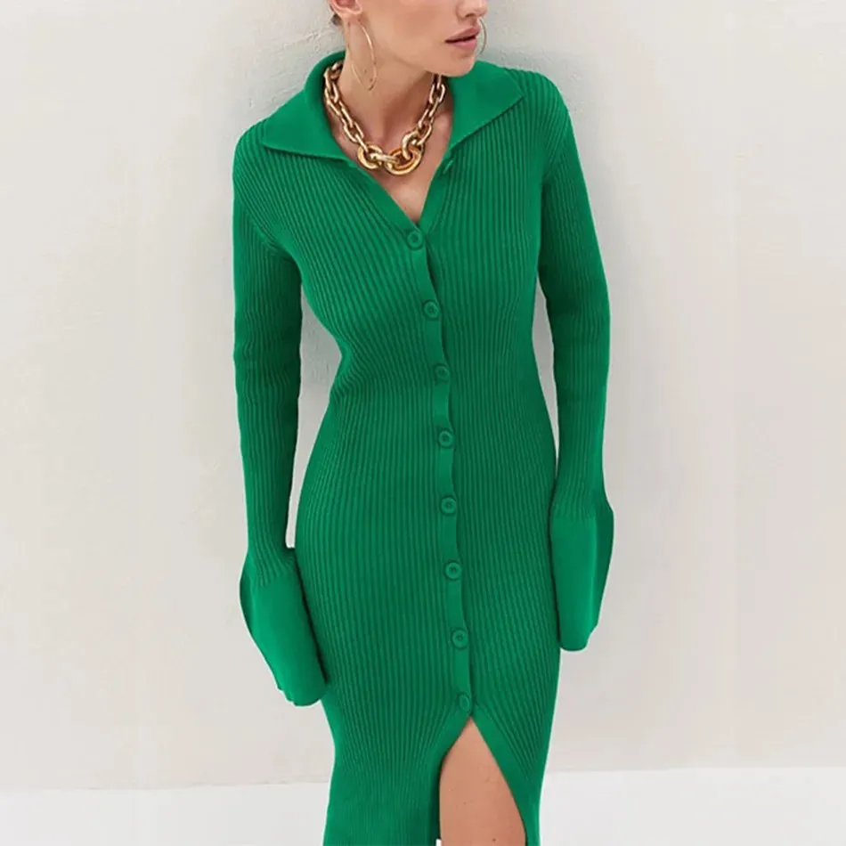Long Sleeve Bodycon Knitted Maxi Sweater Lady Elegant Long Dress