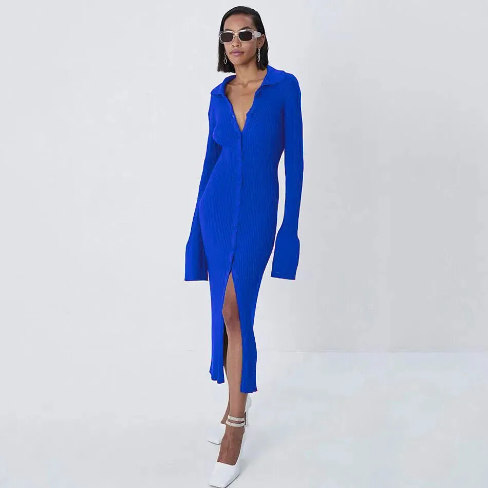 Long Sleeve Bodycon Knitted Maxi Sweater Lady Elegant Long Dress