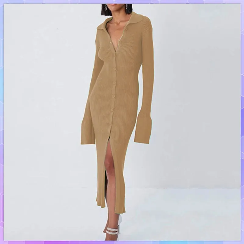 Long Sleeve Bodycon Knitted Maxi Sweater Lady Elegant Long Dress