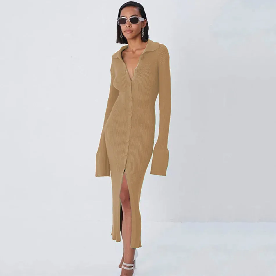 Long Sleeve Bodycon Knitted Maxi Sweater Lady Elegant Long Dress