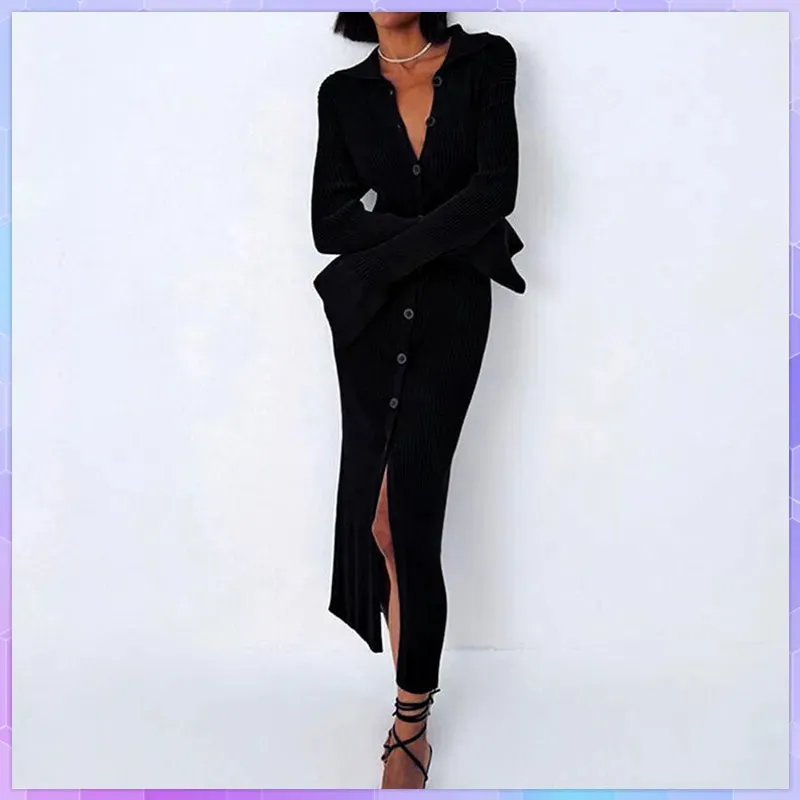 Long Sleeve Bodycon Knitted Maxi Sweater Lady Elegant Long Dress