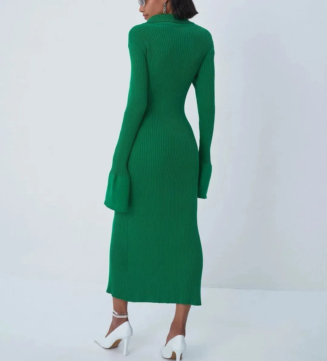 Long Sleeve Bodycon Knitted Maxi Sweater Lady Elegant Long Dress