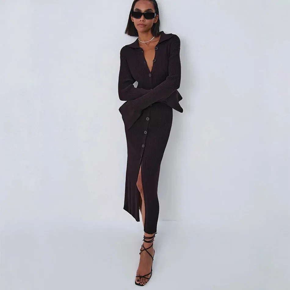 Long Sleeve Bodycon Knitted Maxi Sweater Lady Elegant Long Dress