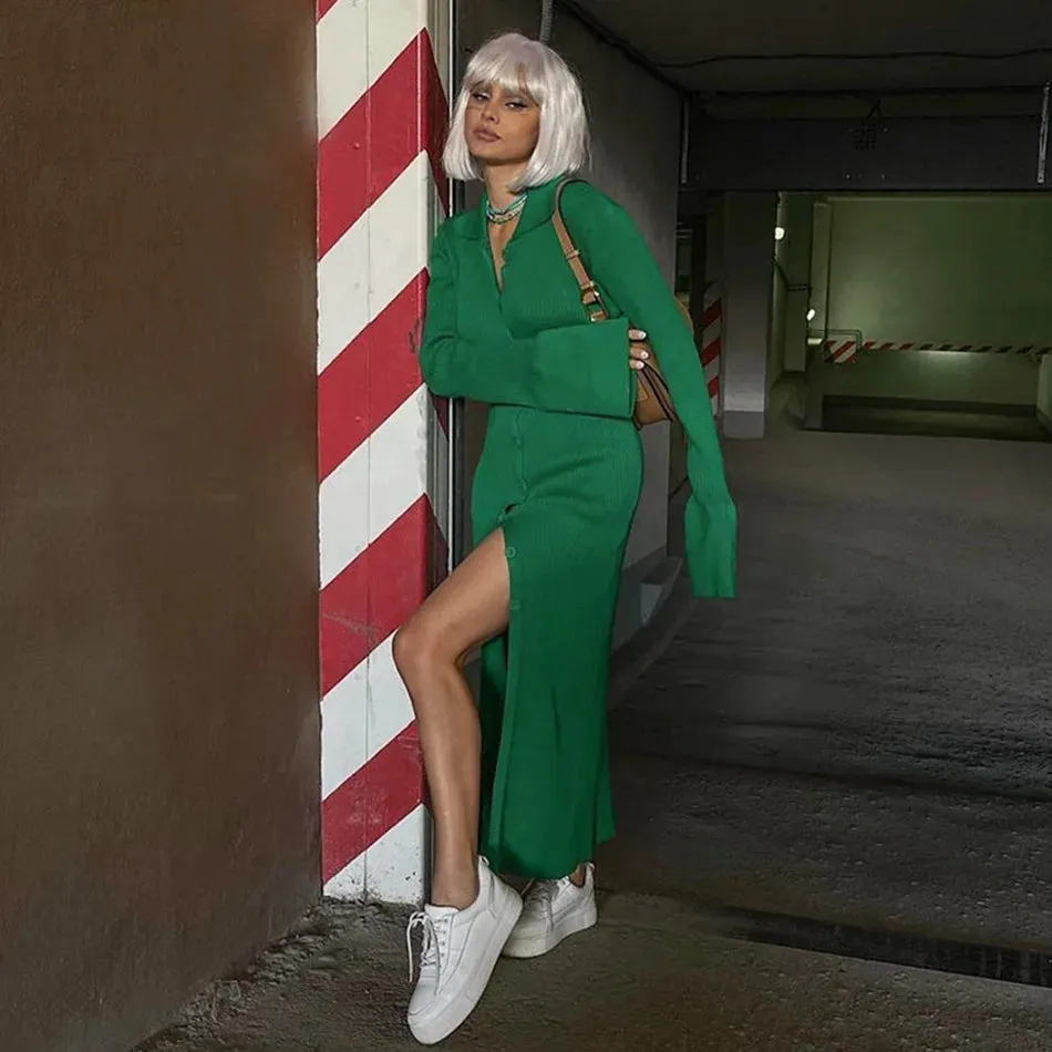 Long Sleeve Bodycon Knitted Maxi Sweater Lady Elegant Long Dress