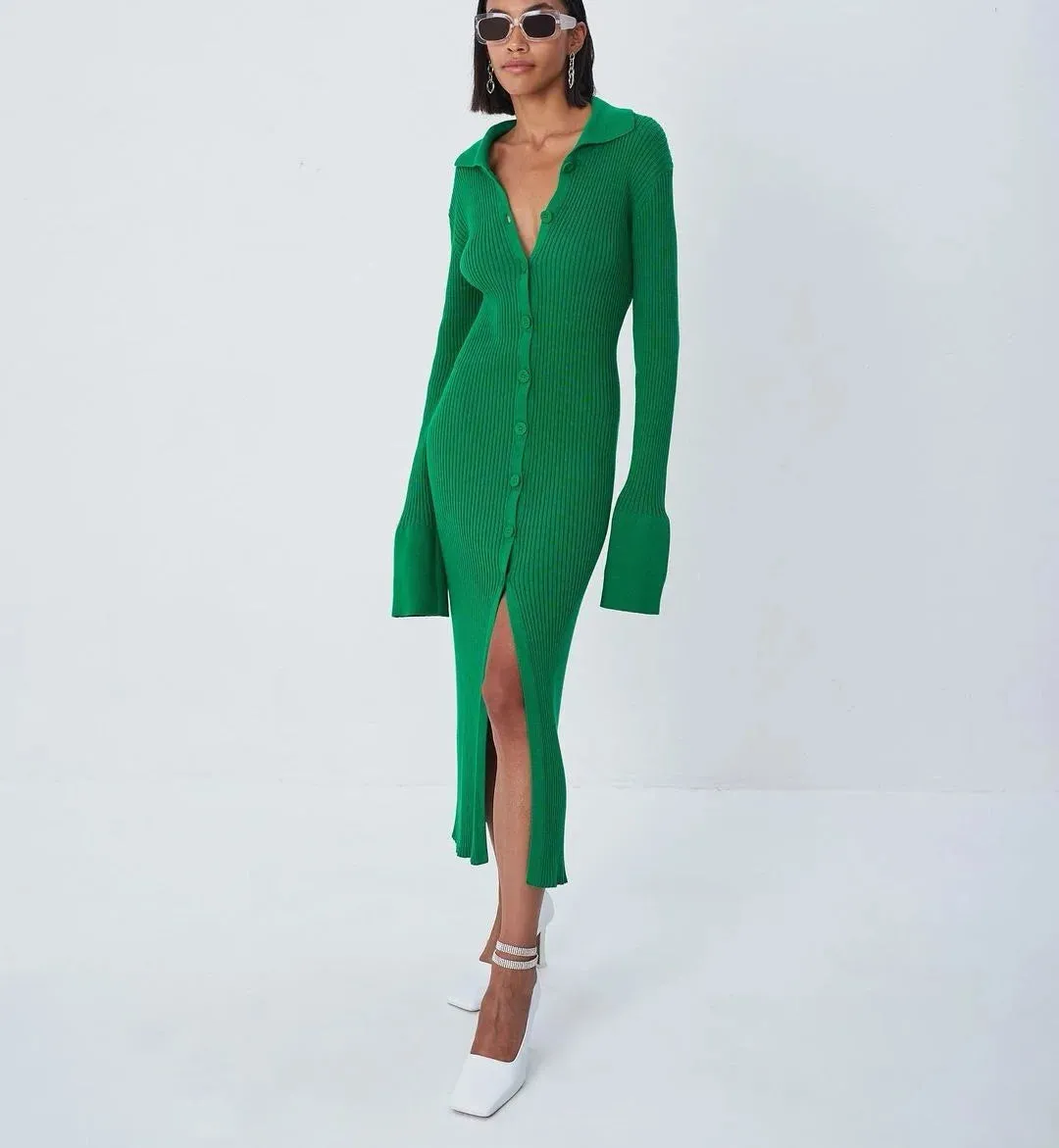 Long Sleeve Bodycon Knitted Maxi Sweater Lady Elegant Long Dress